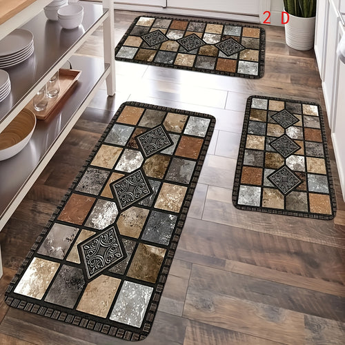 Kitchen Mat Set 3 Piece Farmhouse Geometric Anti-Fatigue Cushioned Rug for Kitchen Floor, Soft Non-Slip Mats for Bedroom, Living Room, Dining Room & Bathroom – Retro Rural Style Home Decor