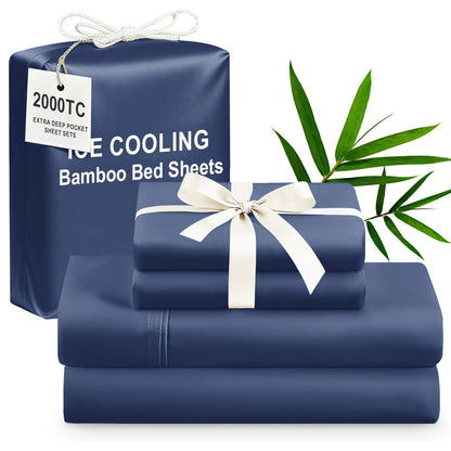 Bamboo Cooling Bed Sheets 4 Piece Set – Extra Deep Pocket Fitted Sheet, Flat Sheet & Pillowcases for Hot Sleepers | Breathable Soft Bedding | Twin Full Queen King | 12 Colors