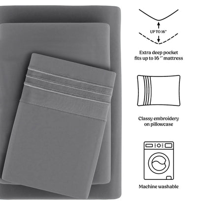 Soft Microfiber Bed Sheet Set 4-Piece 1800 Series 16 Inch Deep Pocket Hotel Luxury Cooling Sheets with Embroidered Pillowcases, Fade & Shrink Resistant, Twin to Cal King, 20 Colors