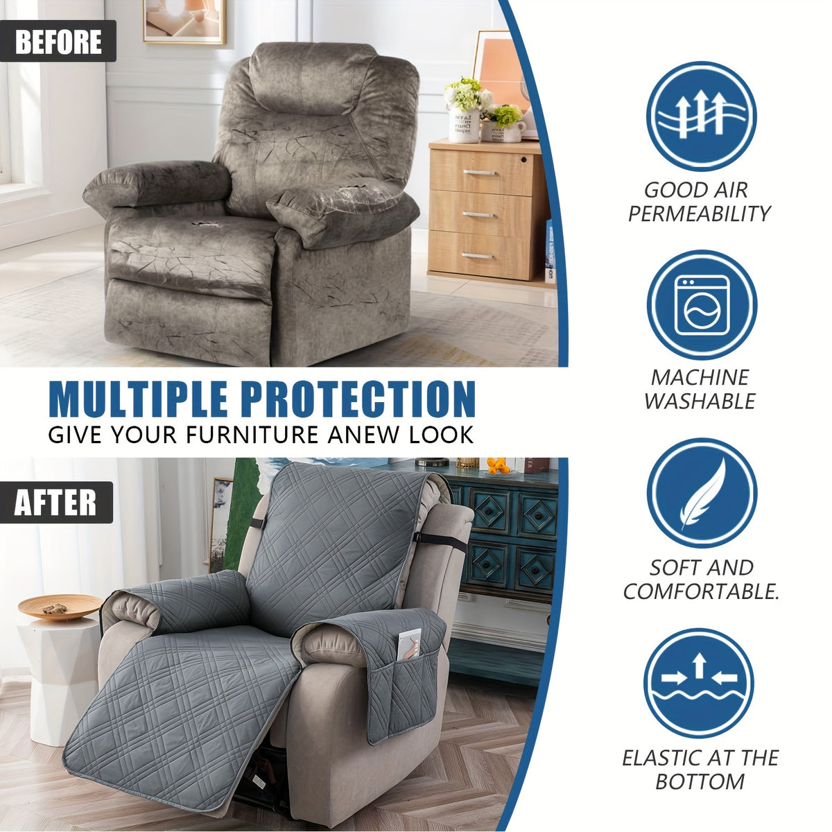 Waterproof Recliner Chair Cover Non-Slip with Pocket & Pet Scratch Protection – Washable Sofa Slipcover Furniture Protector for Living Room, Bedroom, Multi-Color Options