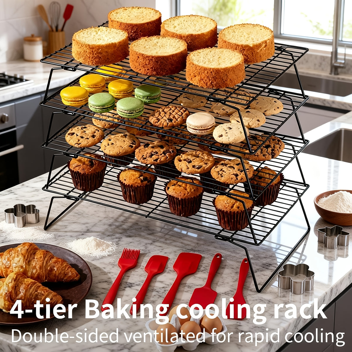 Collapsible Baking Cooling Rack 3 or 4 Tier – Stackable Metal Wire Rack for Baking Trays with Adjustable Settings, Baking Tools Set & Camping Grill for Cooking, Cooling & Cake Drying