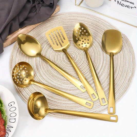Gold Kitchen Utensils Set 6 Piece Stainless Steel Korean Style Cooking Spoons Strainer Ladle Hot Pot Clips Luxury Serving Utensil Set for Home Buffet Restaurant Banquet