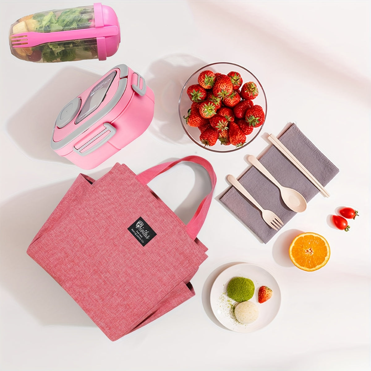 Bento Lunch Box Set with Bag and Cup, 2-Layer Multi-Compartment Meal Prep Container for School Office Picnic, Leakproof Food Storage Box with Insulated Lunch Bag, Pink Blue Green White
