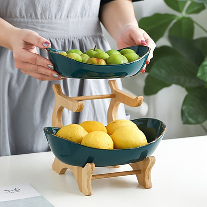 Tiered Wooden Fruit Stand 2 & 3 Layer Countertop Bowl – Natural Wood Farmhouse Fruit Basket, Candy & Snack Display Tray for Kitchen & Living Room, Space-Saving Easy Assembly, White & Green