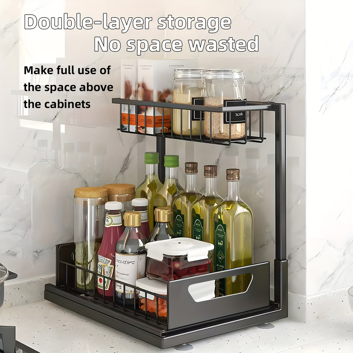 Under Sink Organizer 2-Tier Pull-Out Cabinet Storage with Metal Sliding Drawers – Kitchen Bathroom Countertop Tabletop Organizer Rack, Space-Saving Push-Pull Shelf for Kitchen Accessories, 1 or 2 Pack