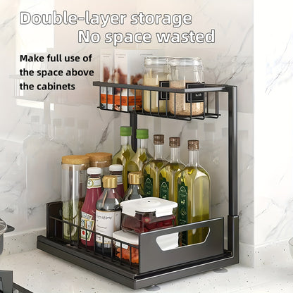 Under Sink Organizer 2-Tier Pull-Out Cabinet Storage with Metal Sliding Drawers – Kitchen Bathroom Countertop Tabletop Organizer Rack, Space-Saving Push-Pull Shelf for Kitchen Accessories, 1 or 2 Pack
