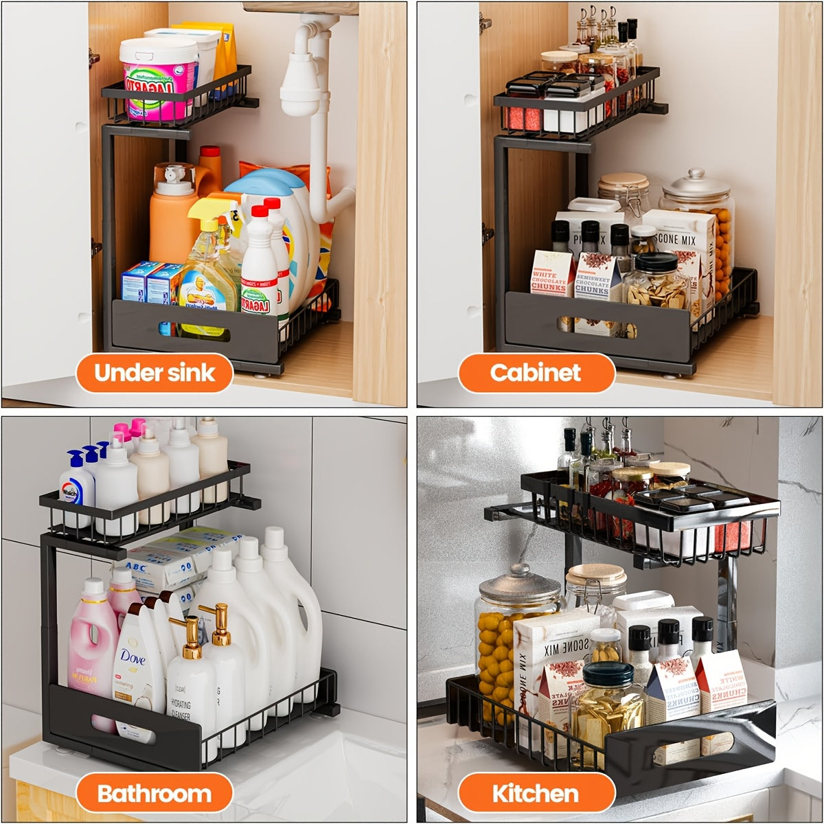 Metal Pull Out Under Sink Organizer with Sliding Drawer – Sturdy Steel Under Sink Storage Shelves for Kitchen & Bathroom Cabinet Organization, Black White Gray, 1 Pack & 2 Pack
