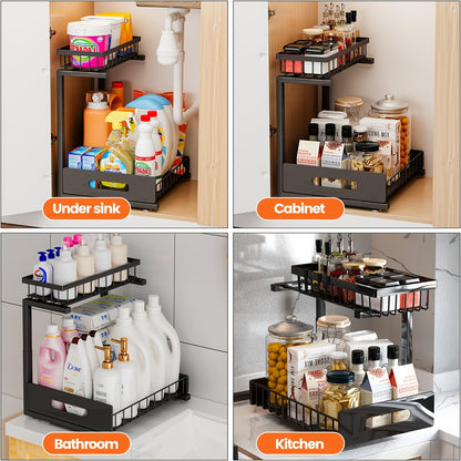 Metal Pull Out Under Sink Organizer with Sliding Drawer – Sturdy Steel Under Sink Storage Shelves for Kitchen & Bathroom Cabinet Organization, Black White Gray, 1 Pack & 2 Pack