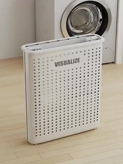 Foldable Laundry Basket with Wheels Large Capacity – Plastic Collapsible Wheeled Hamper for Bathroom, Balcony & Small Apartment, Portable Rolling Laundry Bin in Cream & White
