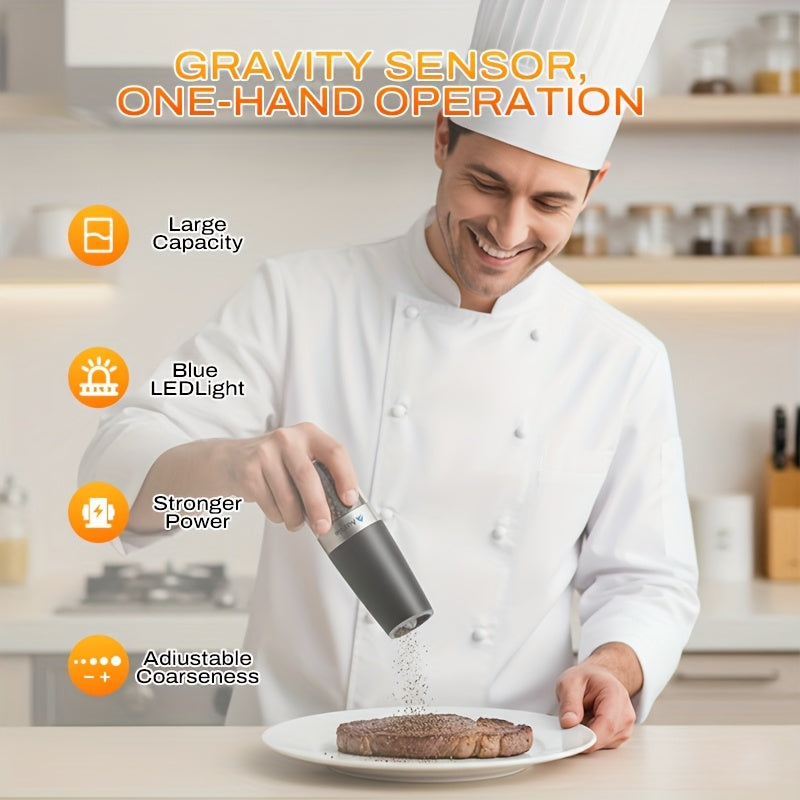 Electric Salt and Pepper Grinder Set 2-Pack – Gravity-Sensing Battery-Powered One-Hand Operation LED Light Adjustable Coarseness Black Kitchen Gadget Gift