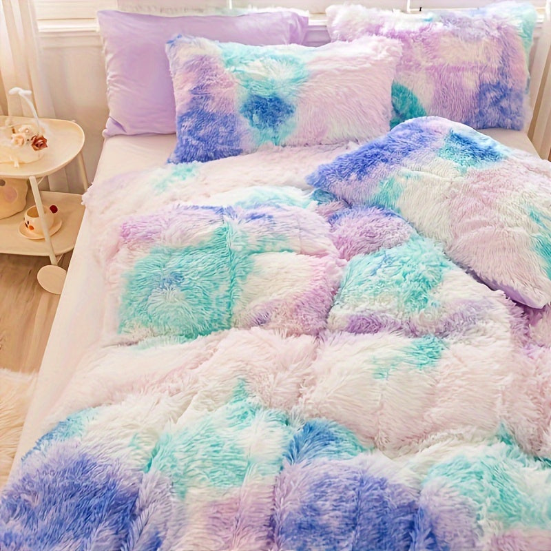 Plush Duvet Cover Set 3-Piece – Soft Fuzzy Comforter Cover with 2 Pillowcases, Cozy Warm Bedding for Bedroom & Dorm, Twin Full Queen King, 14 Colors including Solid & Tie Dye