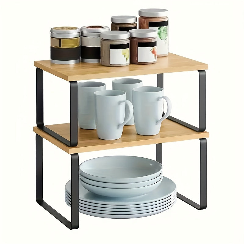 Adjustable Stackable Shelf Organizer Set of 2 – Wooden Cabinet Storage Rack for Kitchen Counter, Spice, Pantry, Bathroom & Under Sink, Space-Saving Home Organization