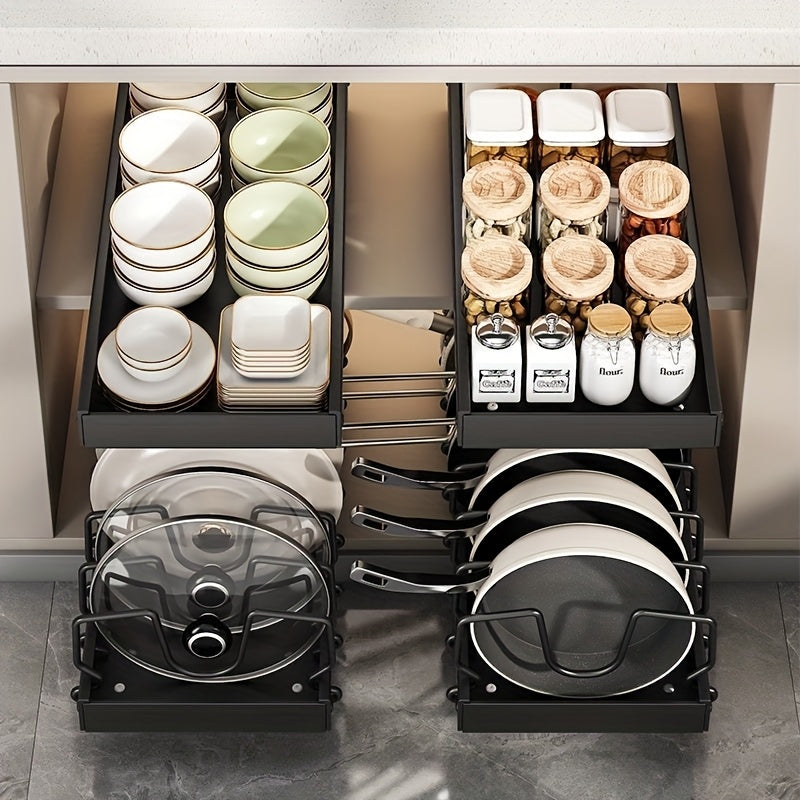 Sliding Pot and Pan Organizer Rack with Pull-Out Drawer – Under Cabinet Kitchen Storage for Pot Lids, Baking Trays & Utensils, 8 Adjustable Dividers, Black White Gray