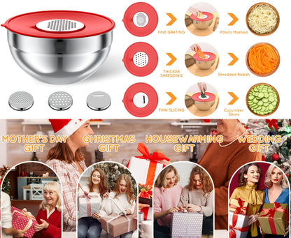Stainless Steel Mixing Bowls Set with Airtight Lids 30 Piece, 7 Nesting Bowls with Lids and Grater Attachments 23 Kitchen Tools, Dishwasher Safe Mixing Bowl Set for Baking Cooking Serving