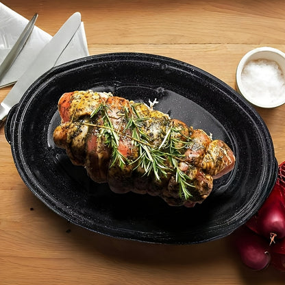 Granite Enamel Roasting Pan with Lid, Nonstick Carbon Steel Turkey Roaster for Oven, Large Bakeware for Chicken Roasting Soup Stew, Available in 13 and 16 Inch in Red Black and Blue