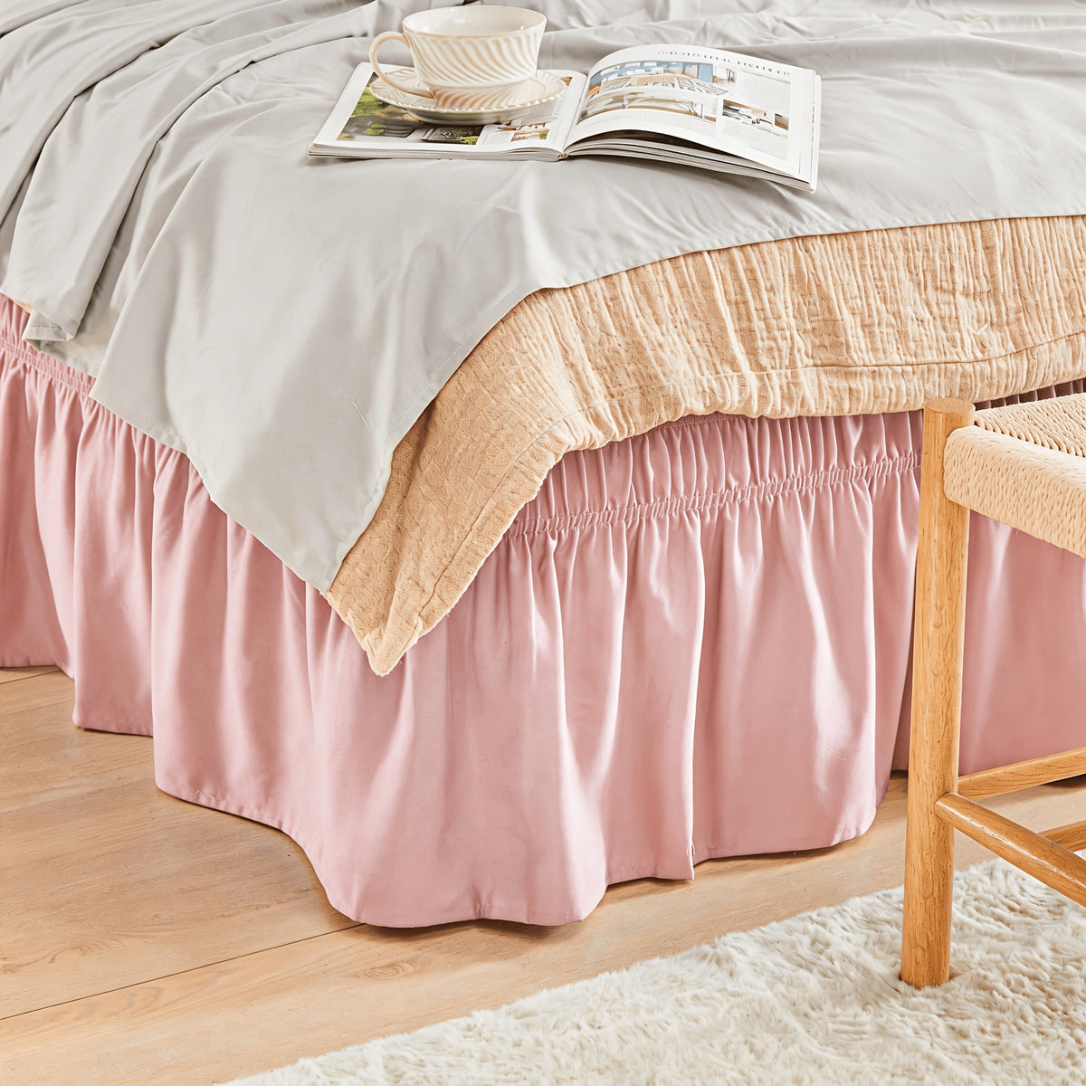 Bed Skirt Wrap Around Elastic – 15 Inch Drop Microfiber Dust Ruffle No Lift Needed Adjustable Hotel Quality Fade Resistant Machine Washable Twin Full Queen King 30 Colors