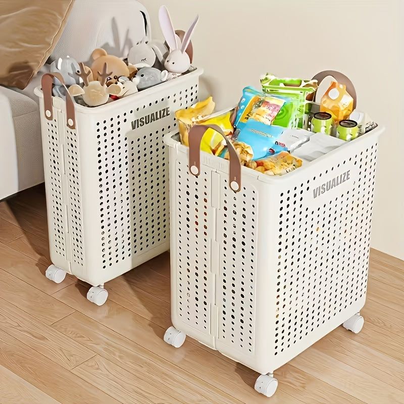 Foldable Laundry Basket with Wheels Large Capacity – Plastic Collapsible Wheeled Hamper for Bathroom, Balcony & Small Apartment, Portable Rolling Laundry Bin in Cream & White