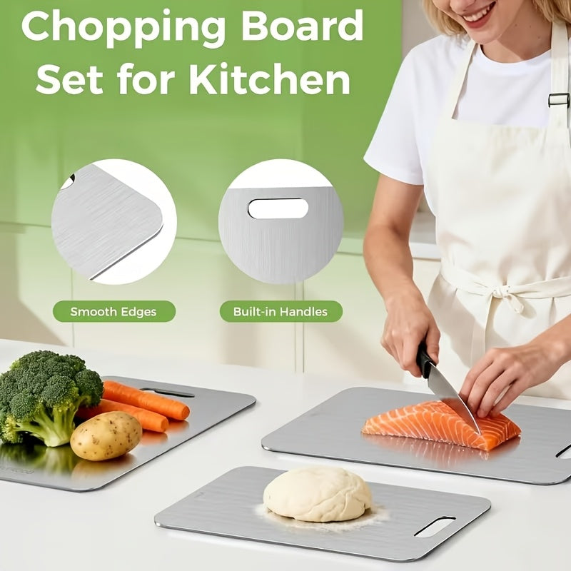 Titanium Cutting Board Set of 3 - Heavy-Duty Rust-Resistant BPA-Free Kitchen Prep Boards with Hook Handles & Rounded Edges, Space-Saving Design for Meat, Vegetables & Fruits, Home & BBQ