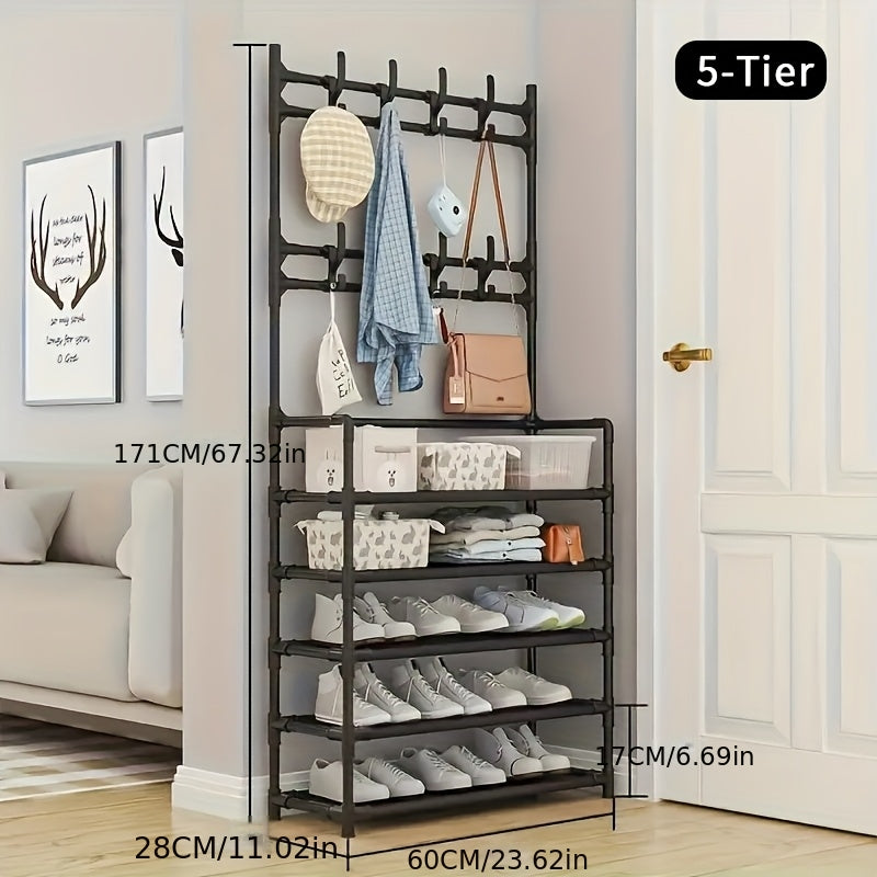 Shoe Rack Organizer with 8 Hooks Multi-Layer - Free Standing Shoe Storage Shelf for Entryway, Closet & Bedroom, Space-Saving Vertical Shoe Tower with Hat & Coat Hooks, 3 or 5 Tier Black