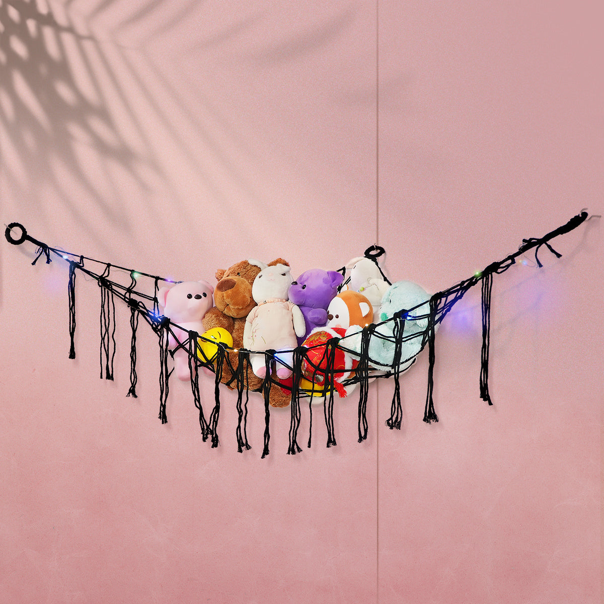 Stuffed Animal Hammock with LED Lights Corner Toy Net Organizer for Kids Bedroom Nursery Plush Toy Storage Hanging Mesh Bag