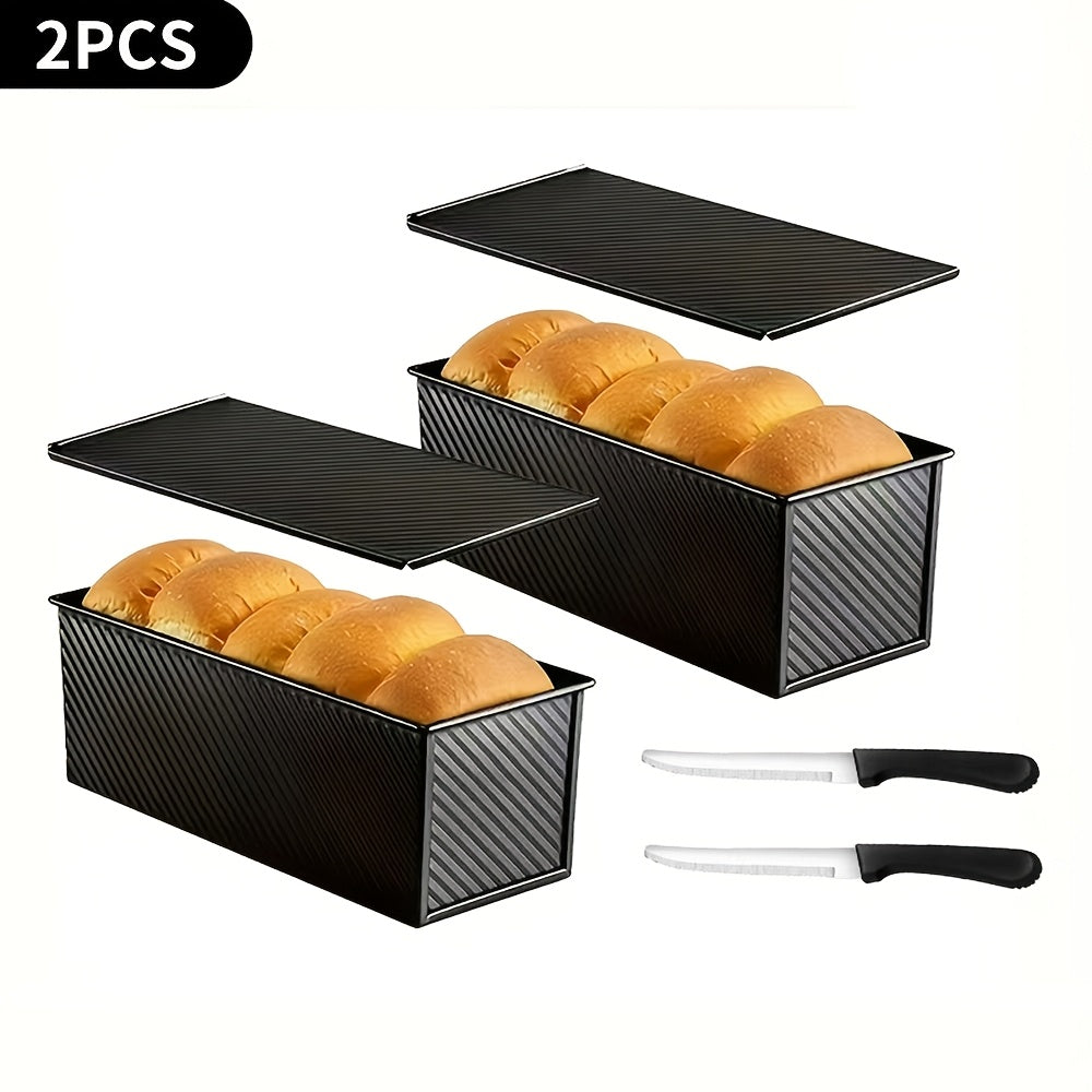 Pullman Loaf Pan with Lid Extra Large 12.3x4.7x4.3 Inch – Sandwich Bread Pan with Vent Holes & Bread Knife, Non-Stick Baking Pan for Square Loaf, 1 or 2 Pack, Gold & Black