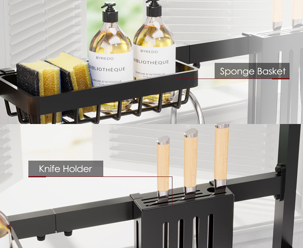 Over Sink Dish Drying Rack 3 Tier Adjustable Expandable - Stainless Steel Kitchen Organizer with Baskets, Utensil Holder, Knife & Cutting Board Holder - Space Saving Dish Drainer for Counter, Black