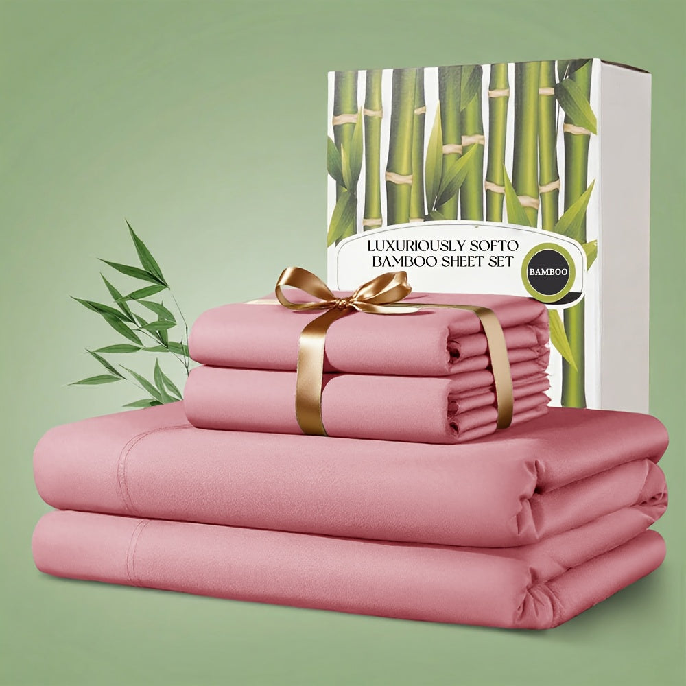 Bamboo Bed Sheet Set 4 Piece 2200TC Cooling Fabric Deep Pocket Fitted Sheet Ultra Soft Breathable for Hot Sleepers Twin Full Queen King Shrink Fade Wrinkle Resistant Hotel Quality Multiple Colors