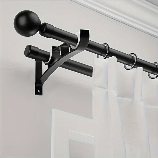 Double Curtain Rod Brackets 4 Pack Heavy Duty Aluminum Alloy Sturdy Hook & Base Accessories for Secure Curtain Hanging – Fits Standard Double Curtain Rods Black