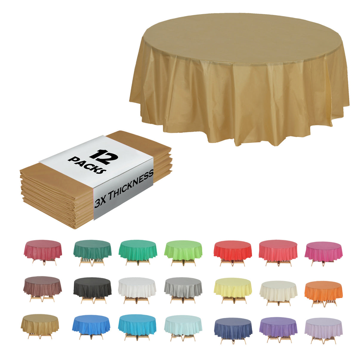 Disposable Plastic Tablecloth 12-Pack – Heavy Duty Table Cover for Parties, 84" Round & 54"x108" Rectangle, 22 Colors for Kitchen Dining Outdoor Events