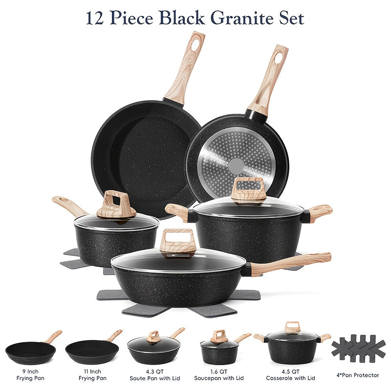 Nonstick Cookware Set 12 Piece - Granite Coated Pots and Pans Set with Frying Pans, Casserole, Saucepan & Lids, Heavy-Duty Induction Compatible Complete Kitchen Cookware Kit, Black