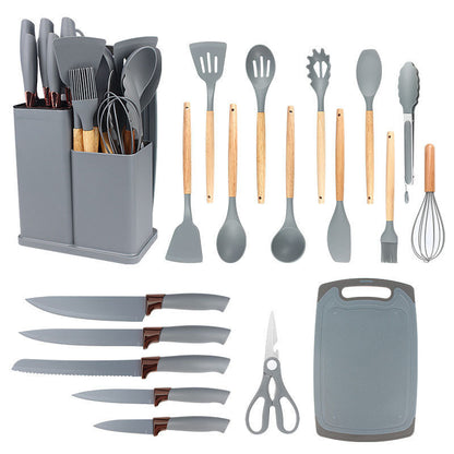 Silicone Cookware Set 19pcs Non-Stick with Bamboo Storage Containers & Knives – Heat-Resistant Pots Pans Utensils, Wooden Handle, Induction & Oven Safe, Kitchen Cooking Gift