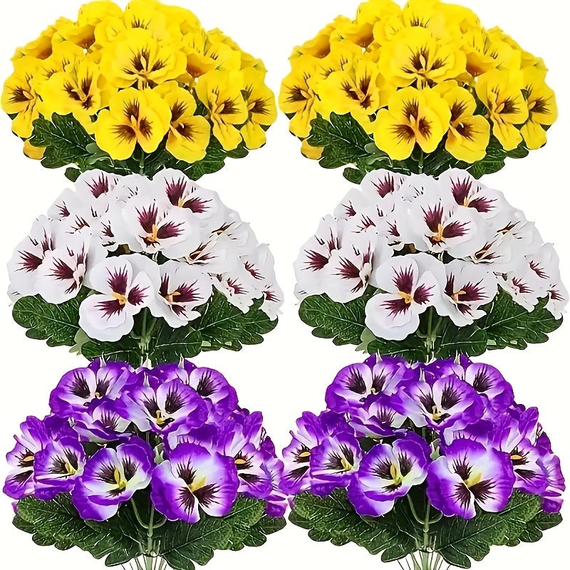 Artificial Pansy Flowers 6 Bunches Realistic Plastic Blooms for Indoor Outdoor Home Garden Decor, Weather-Resistant Faux Flowers Yellow Purple White Colorful Display, Low Maintenance Floral Arrangement
