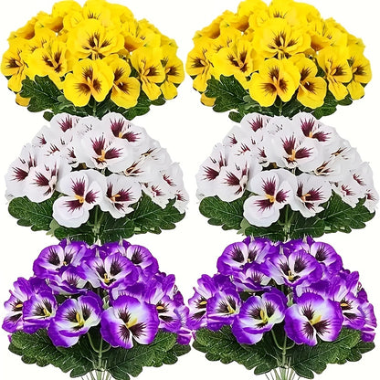 Artificial Pansy Flowers 6 Bunches Realistic Plastic Blooms for Indoor Outdoor Home Garden Decor, Weather-Resistant Faux Flowers Yellow Purple White Colorful Display, Low Maintenance Floral Arrangement