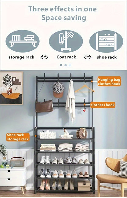 Shoe Rack Organizer with 8 Hooks Multi-Layer - Free Standing Shoe Storage Shelf for Entryway, Closet & Bedroom, Space-Saving Vertical Shoe Tower with Hat & Coat Hooks, 3 or 5 Tier Black