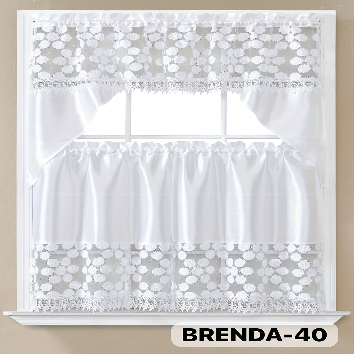 Kitchen Curtains Set 3 Piece with Embroidery – Satin Fabric Valance and Tier Curtains for Kitchen Windows, 49 Colors, Light Filtering, Rod Pocket, Machine Washable