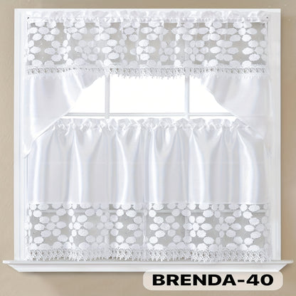 Kitchen Curtains Set 3 Piece with Embroidery – Satin Fabric Valance and Tier Curtains for Kitchen Windows, 49 Colors, Light Filtering, Rod Pocket, Machine Washable