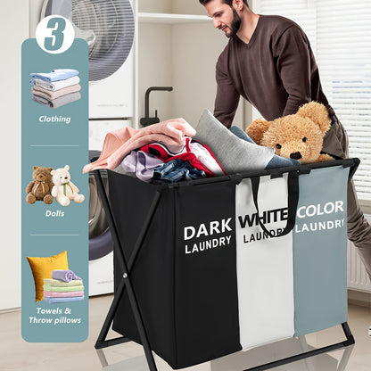3-Section Laundry Sorter Basket Foldable Hamper with Oxford Cloth Bags & Handles Large Rectangular Clothes Sorter for Home Bedroom Bathroom College Dorm Dirty Laundry Organization
