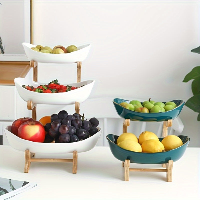 Tiered Wooden Fruit Stand 2 & 3 Layer Countertop Bowl – Natural Wood Farmhouse Fruit Basket, Candy & Snack Display Tray for Kitchen & Living Room, Space-Saving Easy Assembly, White & Green