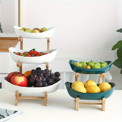 Tiered Wooden Fruit Stand 2 & 3 Layer Countertop Bowl – Natural Wood Farmhouse Fruit Basket, Candy & Snack Display Tray for Kitchen & Living Room, Space-Saving Easy Assembly, White & Green