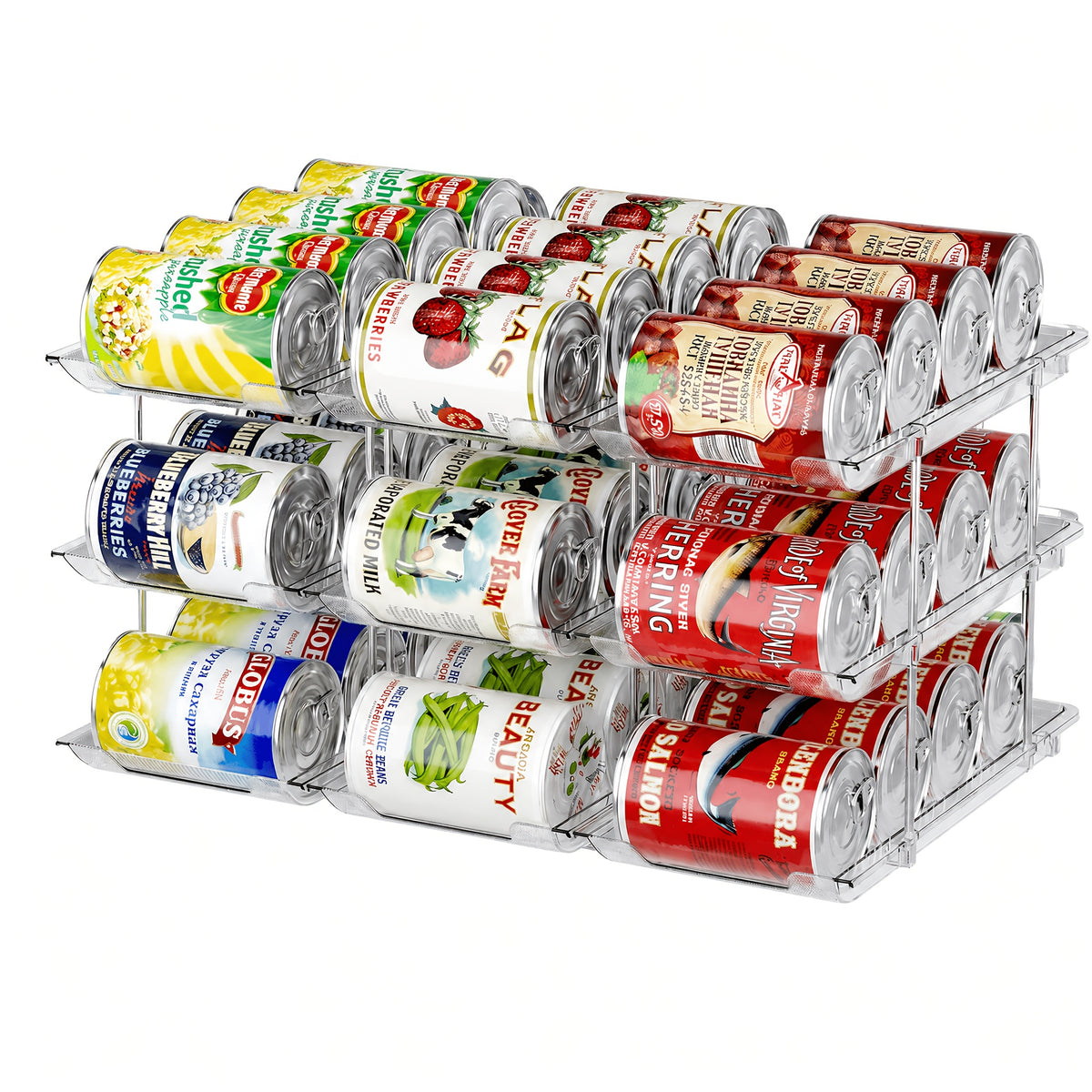 Pantry Can Storage Rack Holds 36 Cans – 3-Tier Auto-Rolling Stackable Can Organizer in Transparent PET for Soda, Soup & Vegetable Cans, Tool-Free Assembly for Kitchen, Pantry, Garage & Dorm