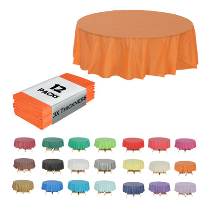Disposable Plastic Tablecloth 12-Pack – Heavy Duty Table Cover for Parties, 84" Round & 54"x108" Rectangle, 22 Colors for Kitchen Dining Outdoor Events