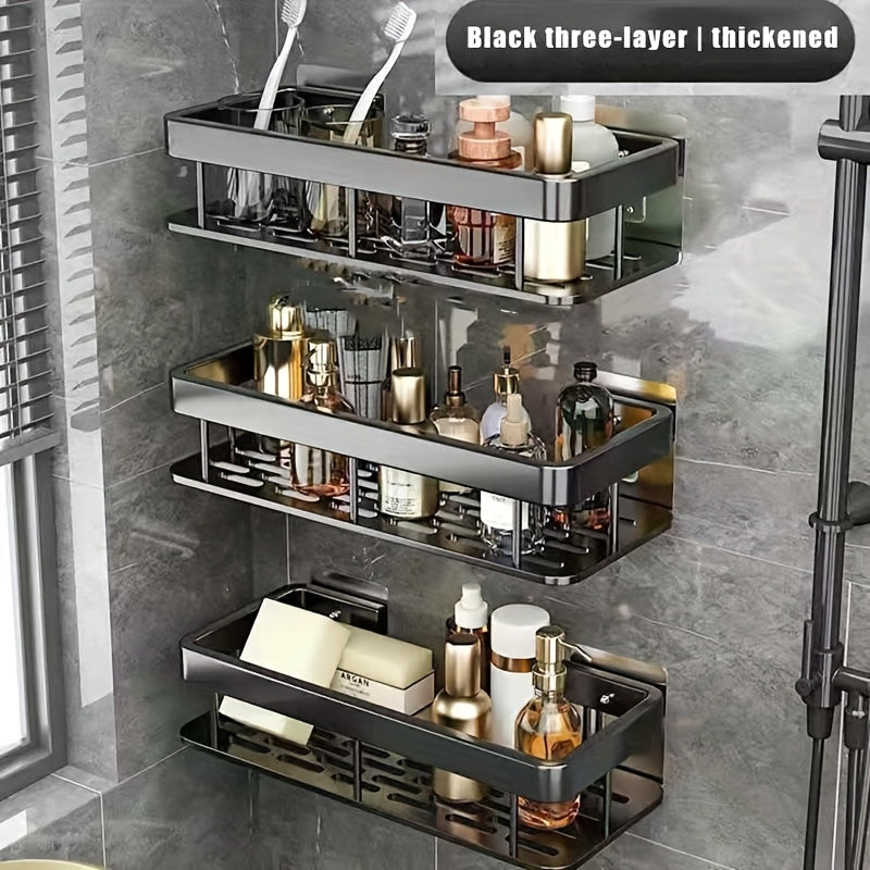 No Drill Wall Mounted Shower Caddy with Adhesive – Space Saving Bathroom Shelf Organizer for Shampoo Lotion Cosmetics, Damage Free Tile Rack in Black or Silver, 1pc or 3pcs Set for Shower Kitchen Bathroom