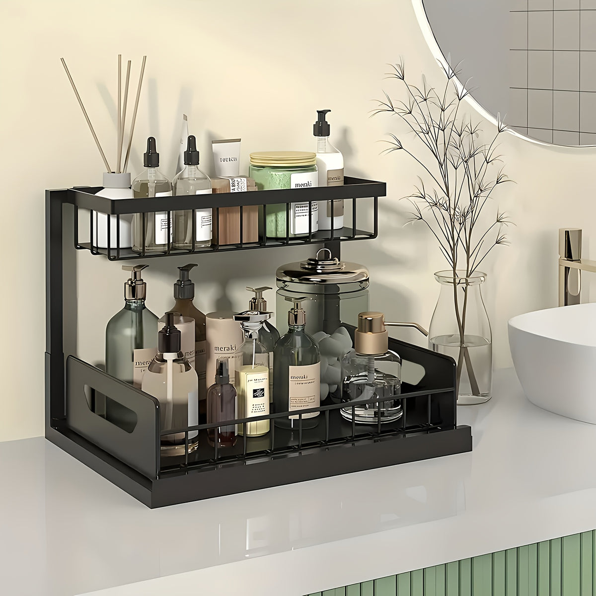 Under Sink Organizer 2-Tier Pull-Out Cabinet Storage with Metal Sliding Drawers – Kitchen Bathroom Countertop Tabletop Organizer Rack, Space-Saving Push-Pull Shelf for Kitchen Accessories, 1 or 2 Pack