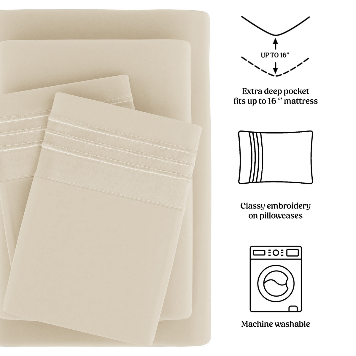 Soft Microfiber Bed Sheet Set 4-Piece 1800 Series 16 Inch Deep Pocket Hotel Luxury Cooling Sheets with Embroidered Pillowcases, Fade & Shrink Resistant, Twin to Cal King, 20 Colors