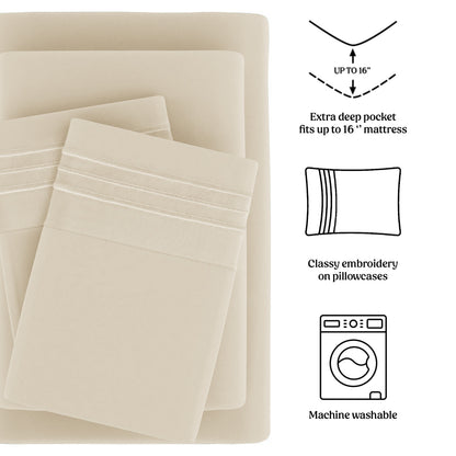 Soft Microfiber Bed Sheet Set 4-Piece 1800 Series 16 Inch Deep Pocket Hotel Luxury Cooling Sheets with Embroidered Pillowcases, Fade & Shrink Resistant, Twin to Cal King, 20 Colors