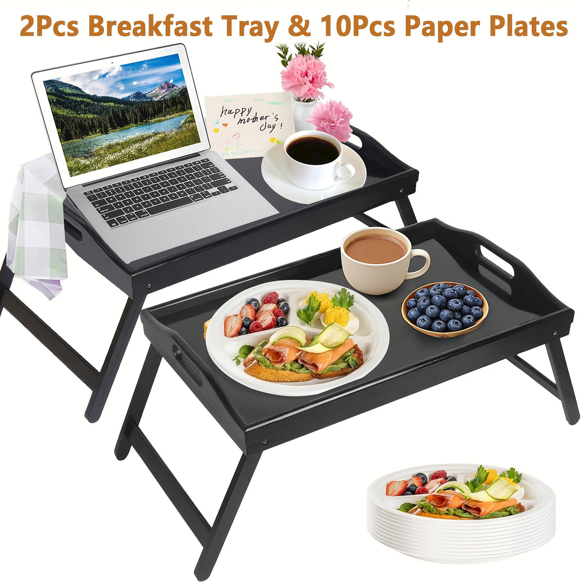 Bamboo Breakfast Tray with Folding Legs & Handles 2 Pack, Extra Wide Foldable Bed Tray Table for Eating Working Drawing, Portable Lap Desk for Sofa Bed Couch, Natural Bamboo with 10 Paper Plates