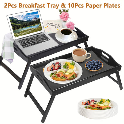 Bamboo Breakfast Tray with Folding Legs & Handles 2 Pack, Extra Wide Foldable Bed Tray Table for Eating Working Drawing, Portable Lap Desk for Sofa Bed Couch, Natural Bamboo with 10 Paper Plates