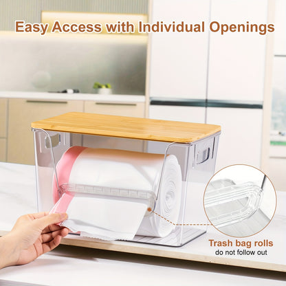 Acrylic Trash Bag Dispenser Stackable with Bamboo Lid, Clear Trash Bag Holder Extra Large, Under Sink Organizer for Kitchen, Laundry Room, Pantry, Holds 13/30/33 Gallon Bags – 1, 2 or 4 Pack