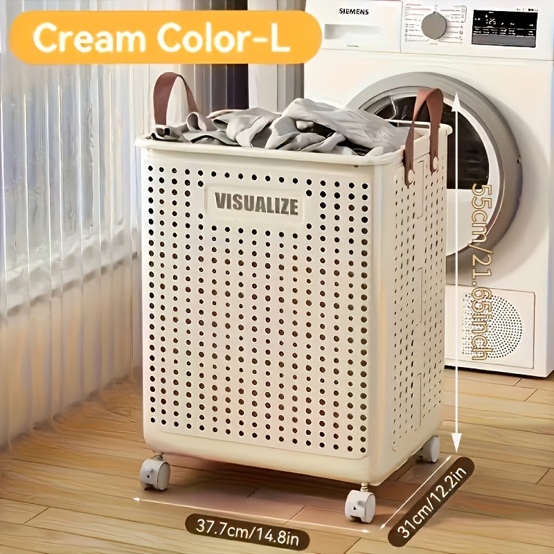 Foldable Laundry Basket with Wheels Large Capacity – Plastic Collapsible Wheeled Hamper for Bathroom, Balcony & Small Apartment, Portable Rolling Laundry Bin in Cream & White