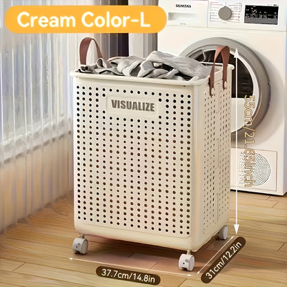 Foldable Laundry Basket with Wheels Large Capacity – Plastic Collapsible Wheeled Hamper for Bathroom, Balcony & Small Apartment, Portable Rolling Laundry Bin in Cream & White